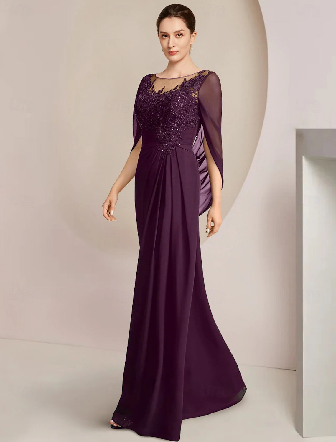 Buyishang Sheath / Column Dress Mother of the Bride Dress Elegant Jewel Neck Floor Length Chiffon Half Sleeve with Lace Side-Draped Solid Color free custom size